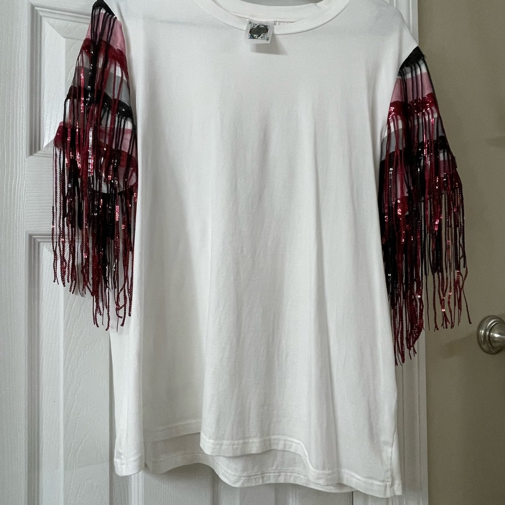 Queen of Sparkles White T-Shirt with Red Plaid Fringe Sleeves